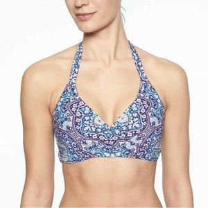 Athleta Bikini Halter Swim Top Monaco Blue Print Bra Cup Wrap Style Size 32 B/C